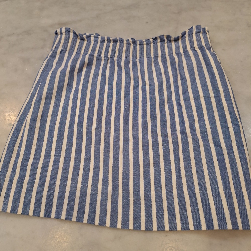 J.Crew Linen Blend Preppy Mini Skirt Sz 2 Blue Striped Paperbag Waist Lined